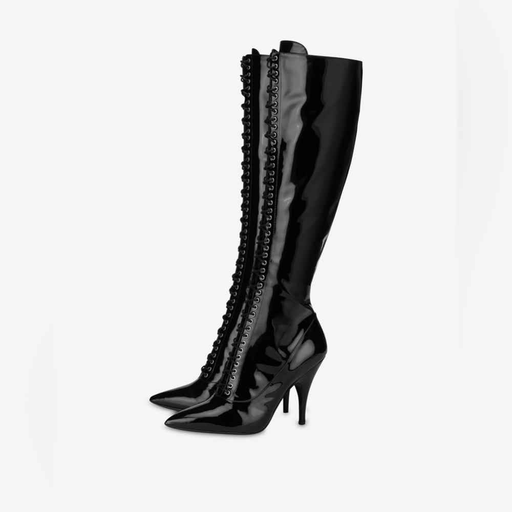 Moschino Patent Leather Lace-Up Knee-High Boots